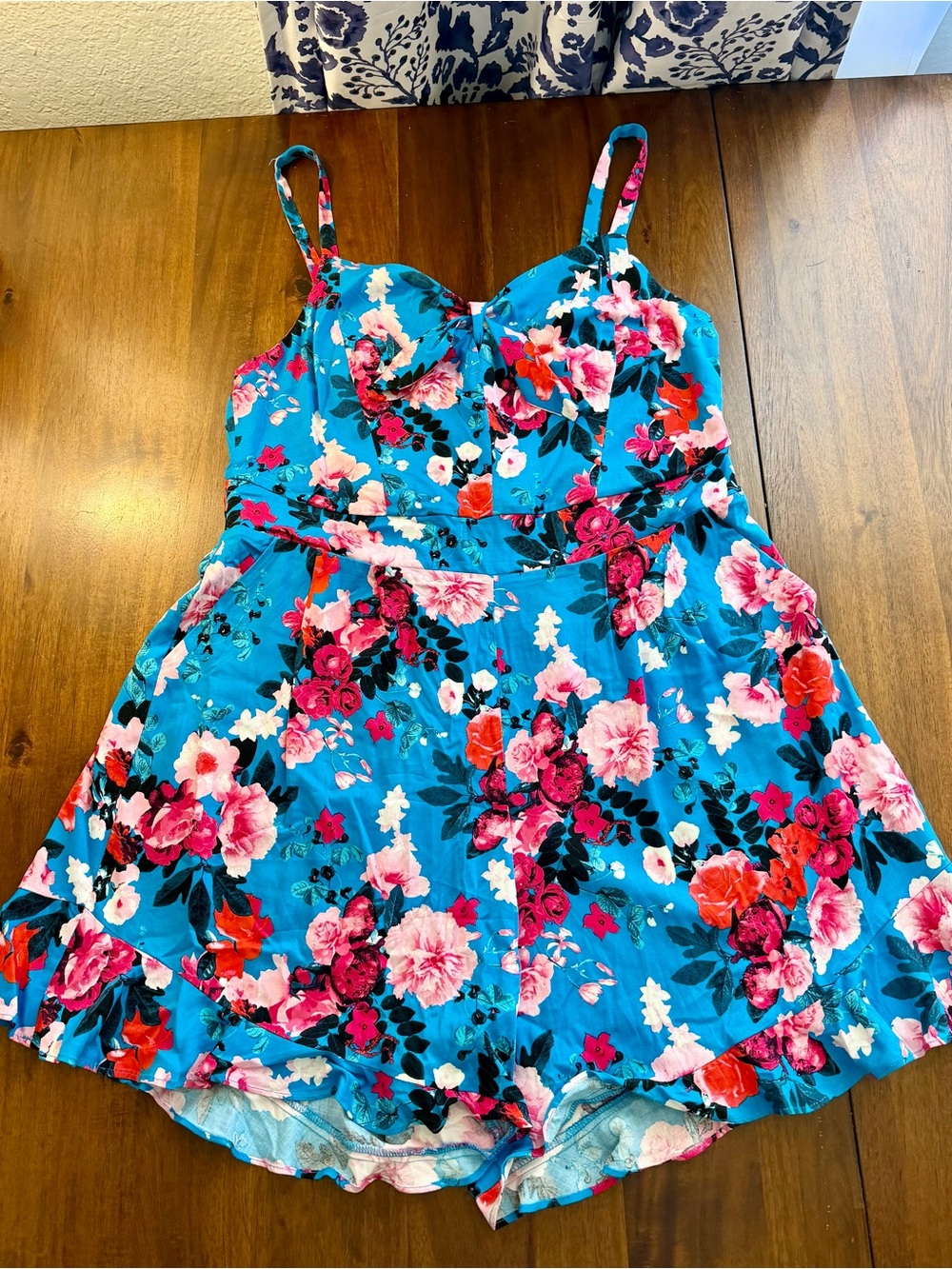 torrid Teal Floral Sundress Romper with Pink & Red Blooms